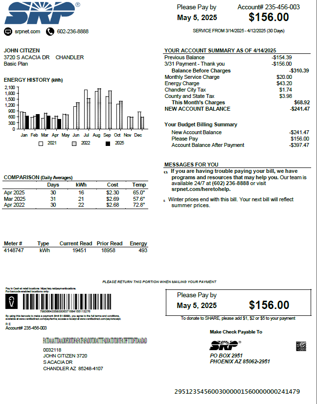 USA SRP utility bill template in Word and PDF formats